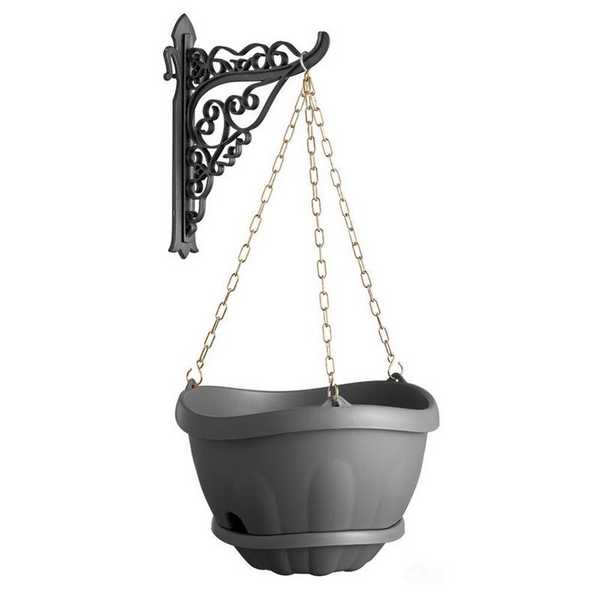 Кашпо с поддоном ГОНДОЛА D-28см подвесное + крючок (серый) ~5.5 литров