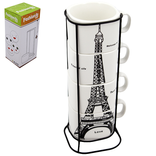 Кружка 200мл ЭЙФЕЛЕВА БАШНЯ набор 4шт + подставка