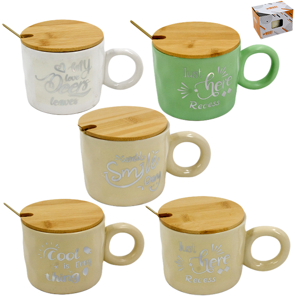 Кружка 350мл, с бамбуковой крышкой и ложкой из нерж