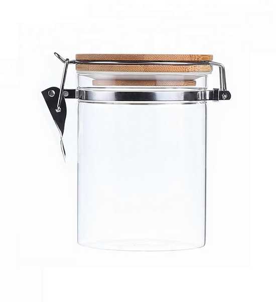 Банка стеклянная с бамбуковой крышкой с защелкой Ф-10см Н-15см