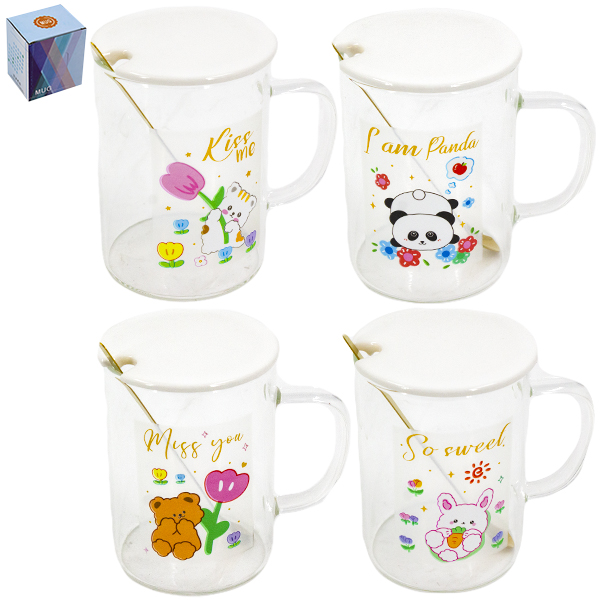 Кружка стеклянная 350мл, с керамической крышкой и ложкой из нерж