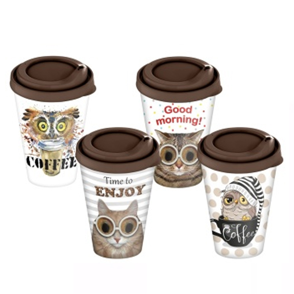 Стакан "cats and owls" с крышкой 420мл с декором (темно-коричневый)