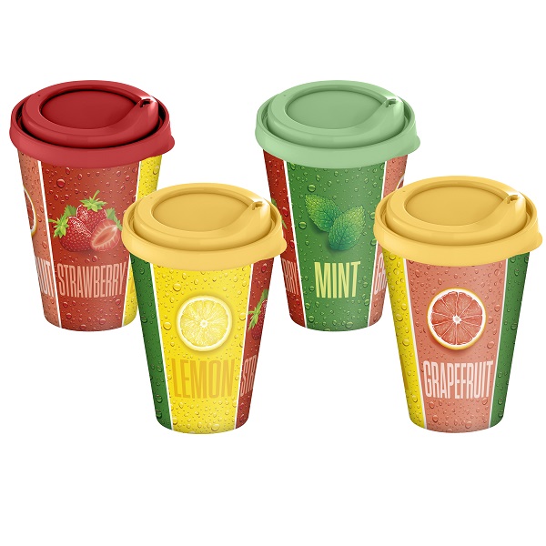 Стакан с крышкой 420мл с декором "Фрукты и мята" (микс)