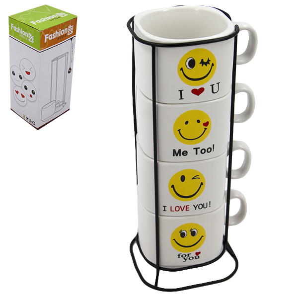 Кружка 200мл СМАЙЛИК набор 4шт + подставка