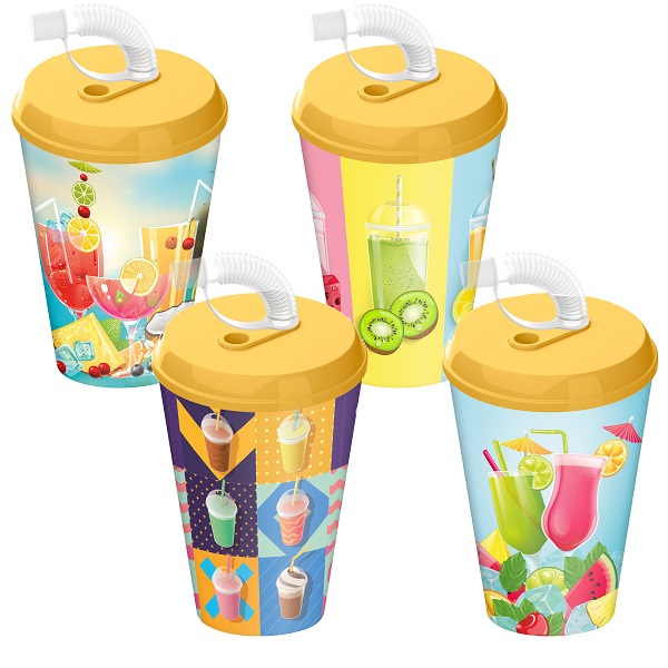 Стакан с крышкой 420мл с декором с трубочкой c колпачком (желтый)