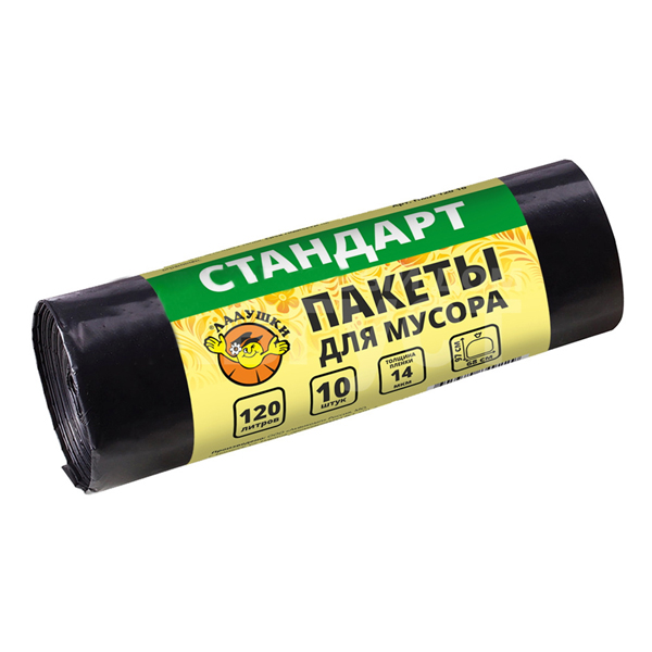 Пакеты для мусора Ладушки стандарт 120л 10шт толщина 12 МКН