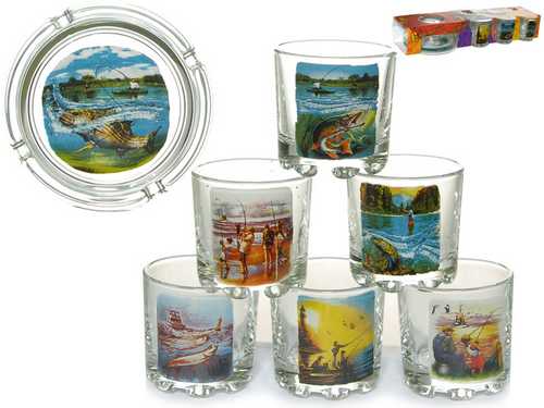 Набор : пепельница 10,6 Круглая + 6 стопок 50 мл Гладкий "Рыбалка"