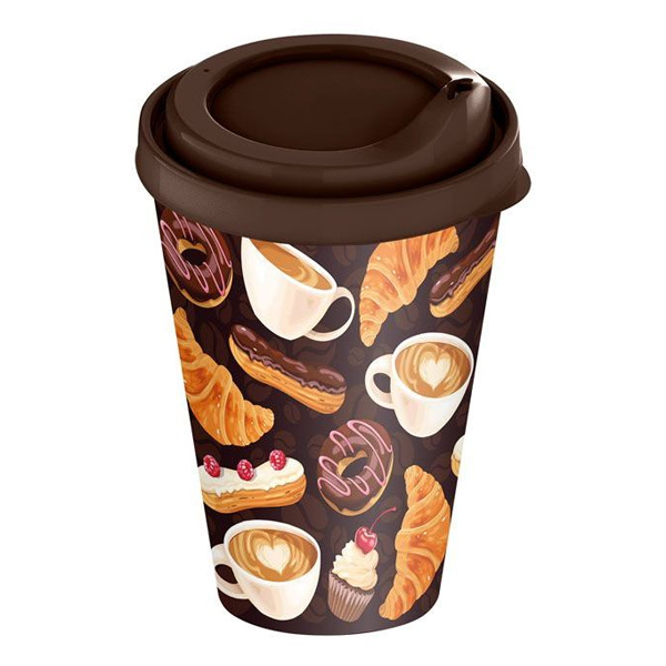 Стакан с крышкой 420мл с декором "Кофейная пауза"  (темно-коричневый)