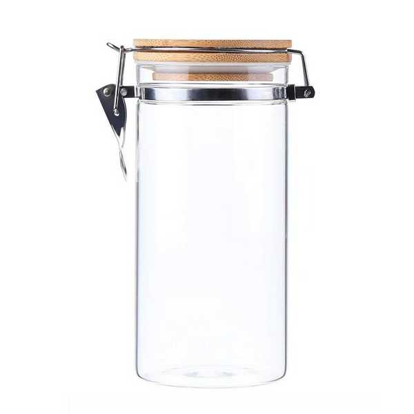 Банка стеклянная с бамбуковой крышкой с защелкой Ф-10см Н-20см