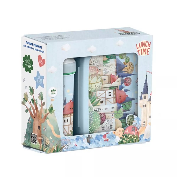 Набор: ланч-бокс 0,98л и бутылка для воды с петлей 0,4л с декором (св.голубой)(то)