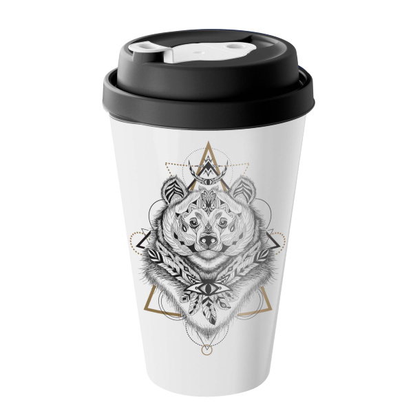 Стакан с крышкой 550мл с декором с клапаном (черный)