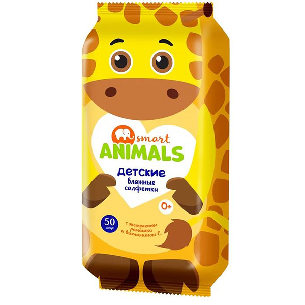 Влажные салфетки Smart animals №8 детские с ромашкой и витамином Е mix