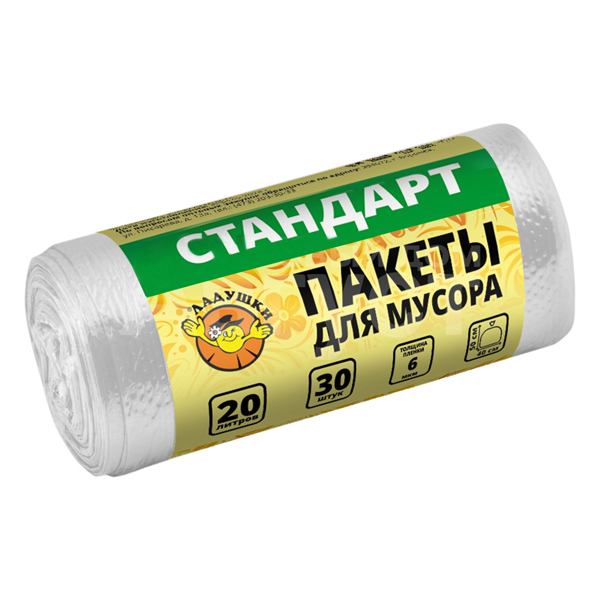 Пакеты для мусора Ладушки стандарт , 20 л, 30 шт белый толщина 6 МКН