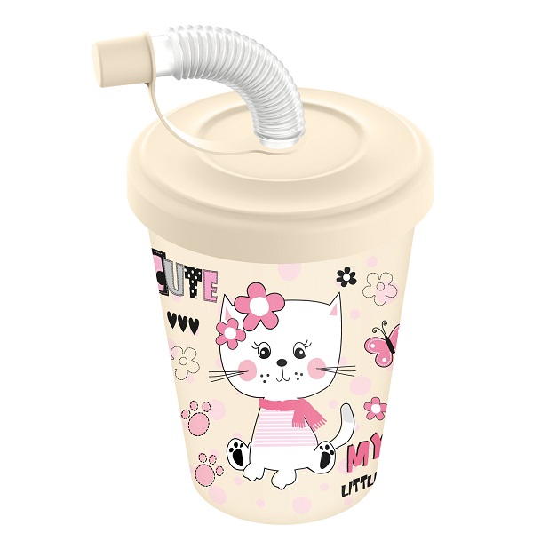 Стакан детский 280мл с крышкой, трубочк. и колпачк. с декором (светло-бежевый)