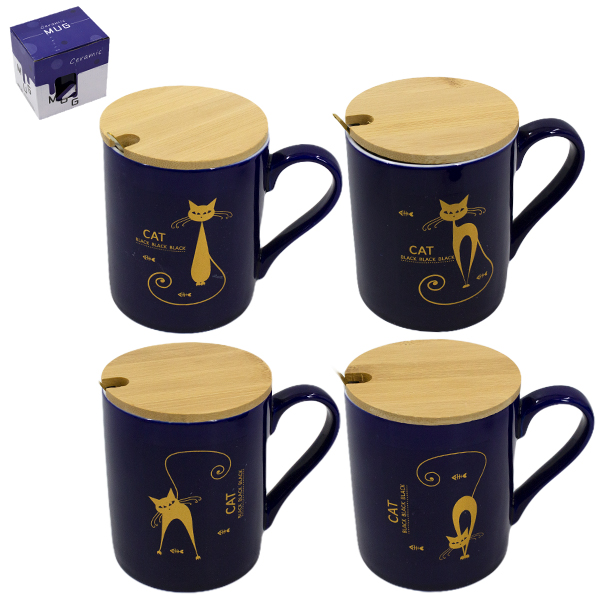 Кружка 350мл, с бамбуковой крышкой и ложкой из нерж (мятые коробки)