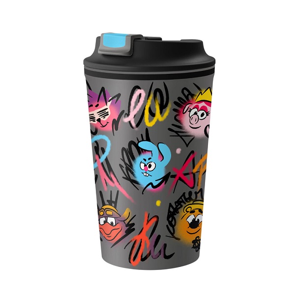 Термостакан 350мл с декором и клапаном "СМЕШАРИКИ" (Серый)(то)