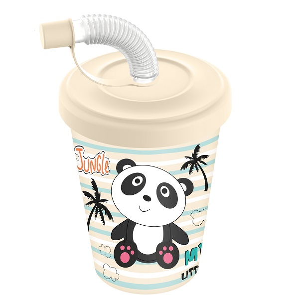 Стакан детский 280мл с крышкой, трубочк. и колпачк. с декором (светло-бежевый)