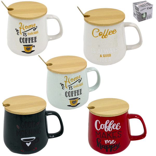 Кружка 350мл, с бамбуковой крышкой и ложкой из нерж мятые коробки