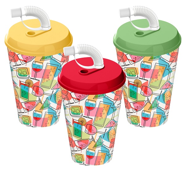 Стакан с крышкой 420мл с декором "Вкус праздника" с трубочкой c колпачком (микс)