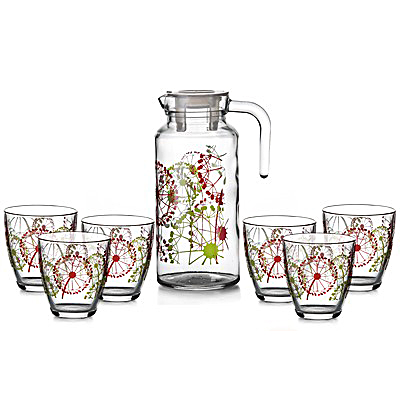 Набор Кувшин V=1300 мл + 6 стаканов V=285 мл, рисунок ФАЗЕНДА - одуванчики красного и зеленого цвета