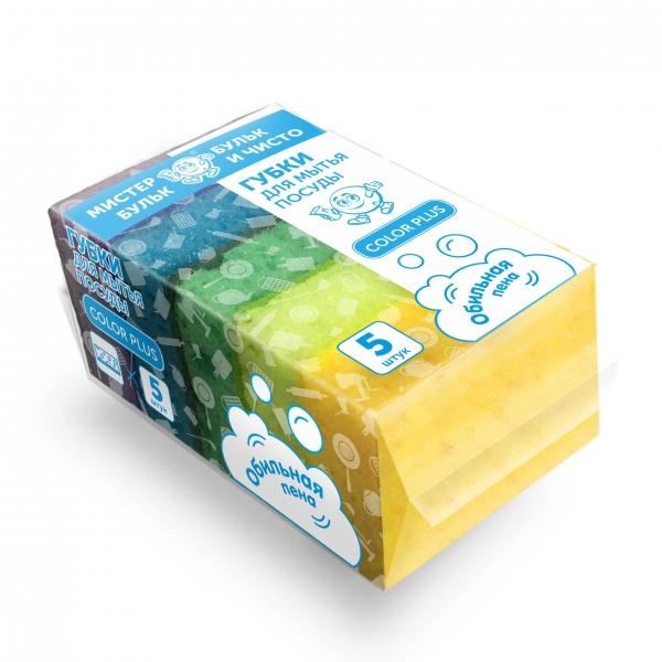 Губка для мытья посуды крупнопористая Color Plus 5 шт.  (92х64х28 мм)