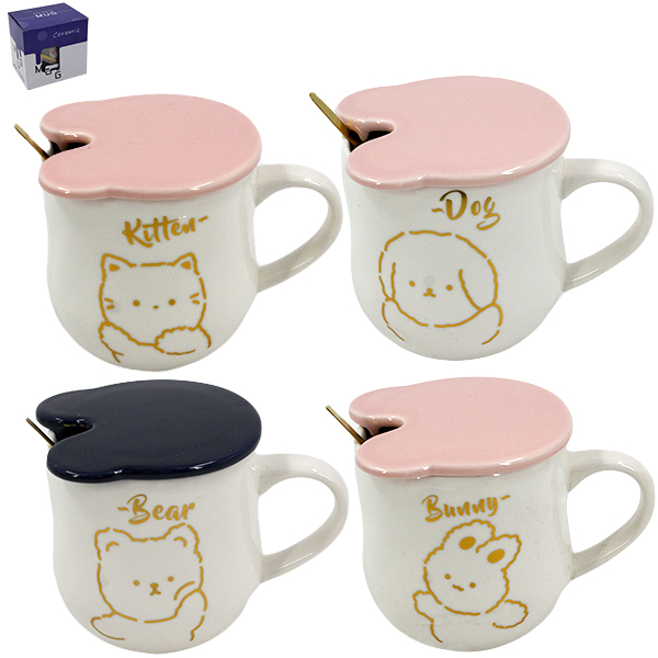 Кружка 350мл, с керамической крышкой и ложкой из нерж мятые коробки