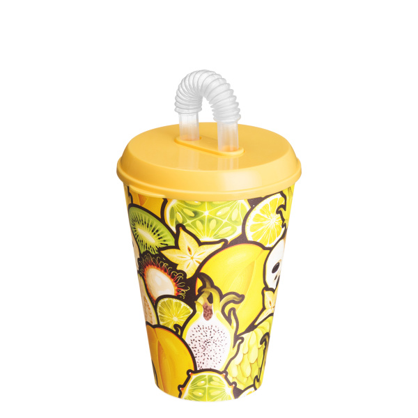 Стакан "IZI-GO" с крышкой и трубочкой 420мл с декором (желтый)