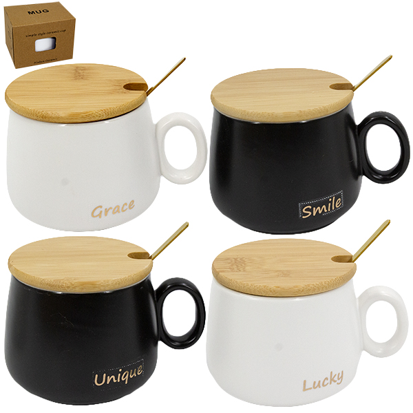 Кружка 280мл, с ложкой и бамбуковой крышкой 