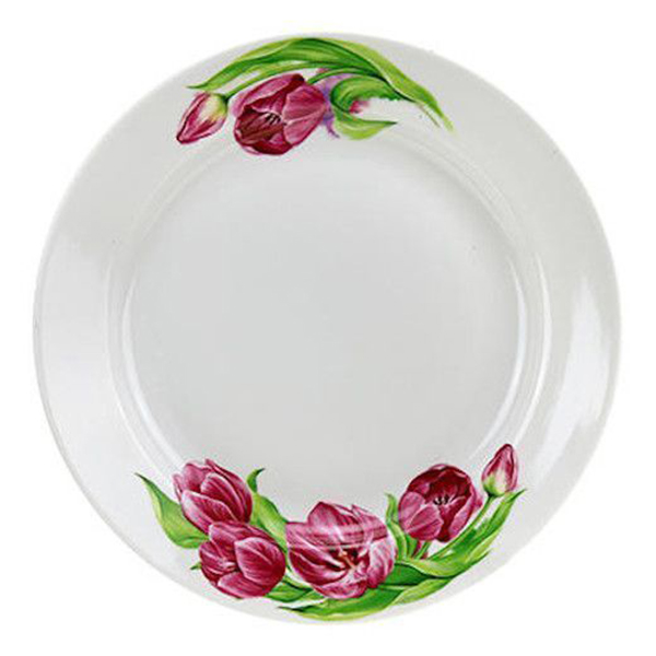 Тарелка мелкая диам. 240 мм Гладкий край Розовые тюльпаны (фарфор)