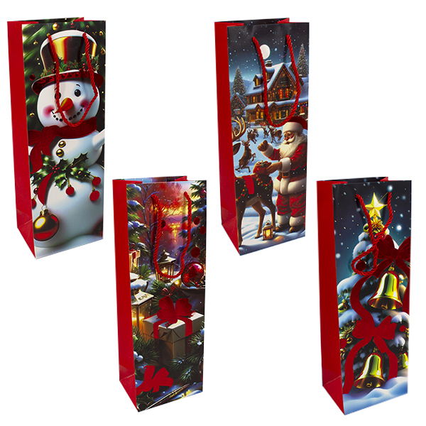 Пакет подарочный НОВОГОДНИЙ для алкоголя 12*9*35см