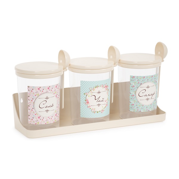 Набор емкостей "Ассорти" 0,7л на полке квадр. (бежевый)  (то)