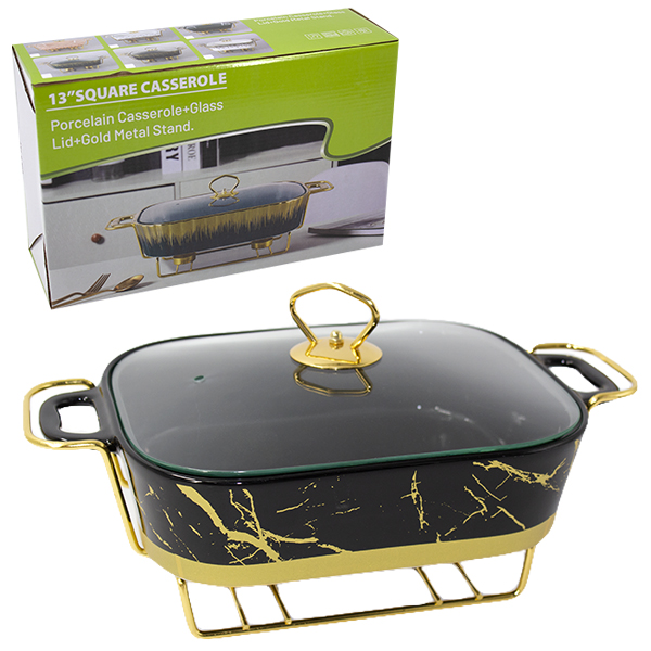 Мармит 38*23*10см (керамическое блюдо со стеклянной крышкой + подставка мет)