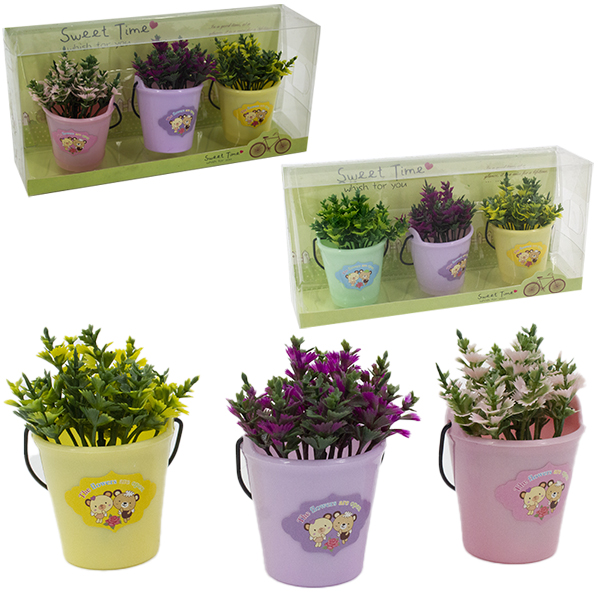 Цветы искусственные в фигурном горшке (набор 3шт) 21*10см