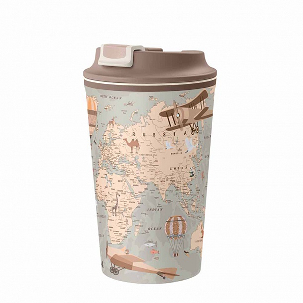 Термостакан 350мл с декором и клапаном  "КАРТА" (светло-бежевый) (то)