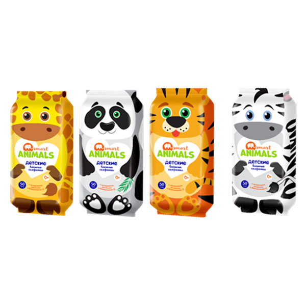 Влажные салфетки Smart animals №50 детские с ромашкой и витамином Е mix
