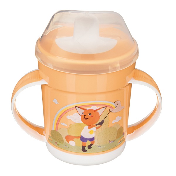 Поильник с ручками, декором и защитной крышкой 320мл (Оранжевый)(то)