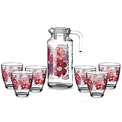 Набор Кувшин V=1300 мл + 6 стаканов V=285 мл, рисунок ДРИМ РЭД - красные цветы 
