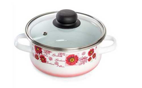 Кастрюля 1,5л. цил.  Красные герберы низк. стекл. крышка
