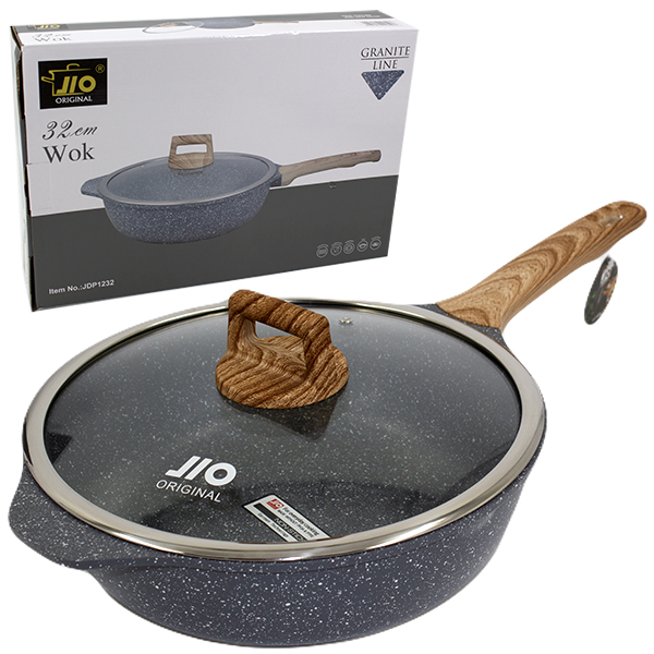 Сковорода глубокая со сливом 32см со стеклянной крышкой (глубина 9см)