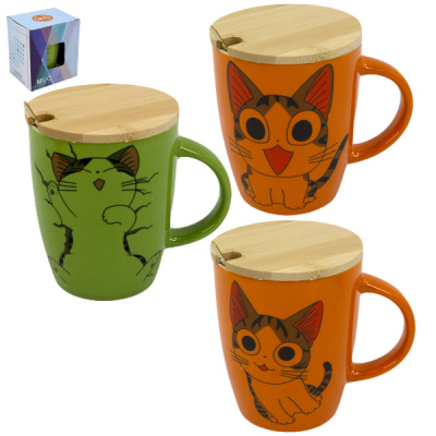 Кружка 350мл, с бамбуковой крышкой и ложкой из нерж