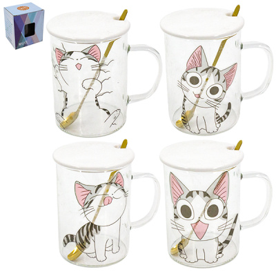 Кружка стеклянная 350мл, с керамической крышкой и ложкой из нерж