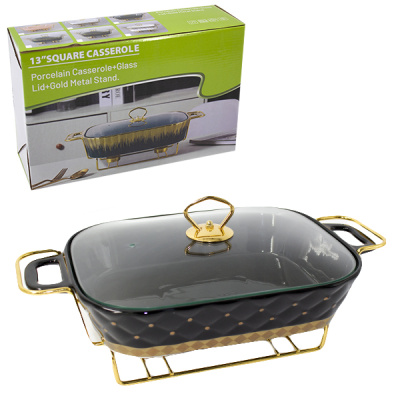 Мармит 32*21*12см (керамическое блюдо со стеклянной крышкой + подставка мет)