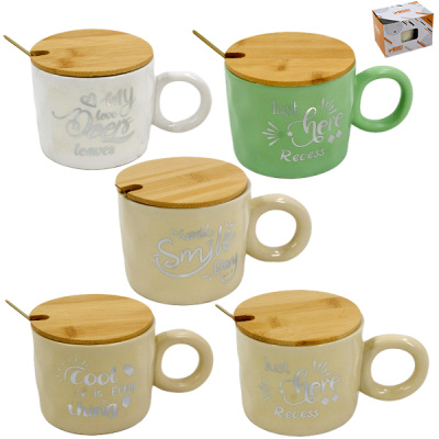 Кружка 350мл, с бамбуковой крышкой и ложкой из нерж