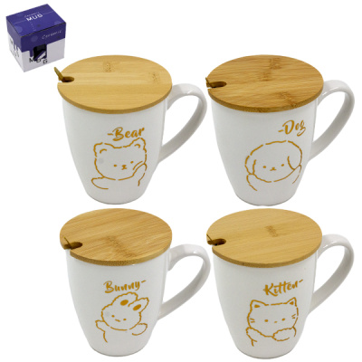 Кружка 350мл, с бамбуковой крышкой и ложкой из нерж